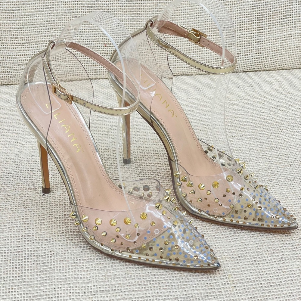 LILIANA Clear Studded Stiletto Heels Gold Ankle Strap Pointed Toe Pumps size 7